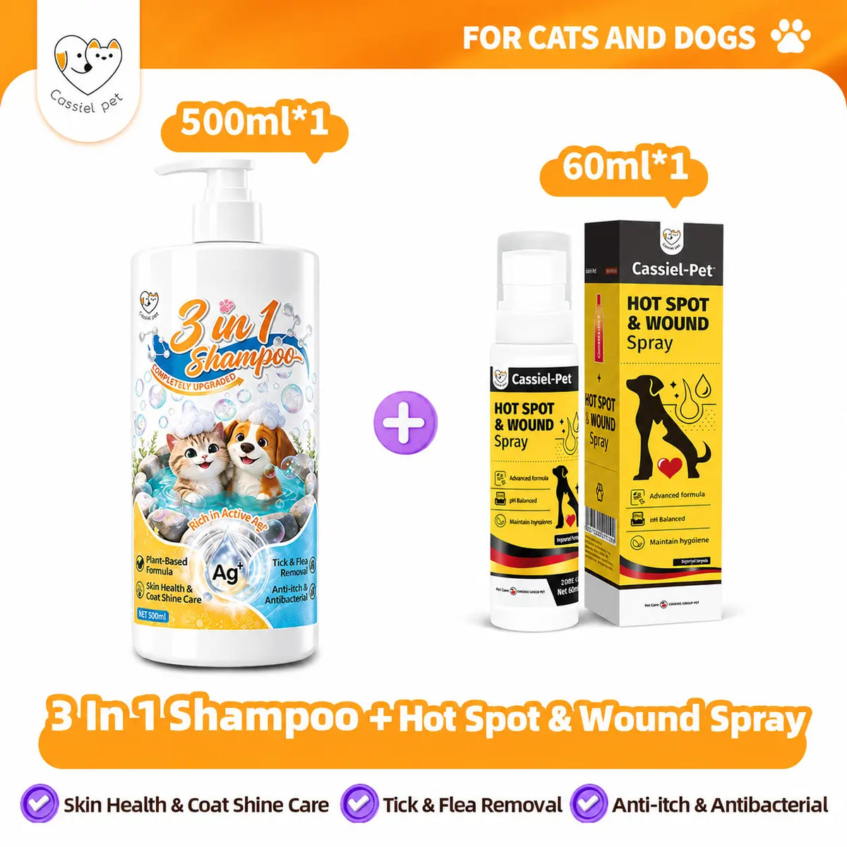 Cassiel Pet Hot Spot and Wound Relief Spray for Dogs and Cats - Natural Formula for Soothing Skin, Alleviating Itching and Scratching, Improved Packaging