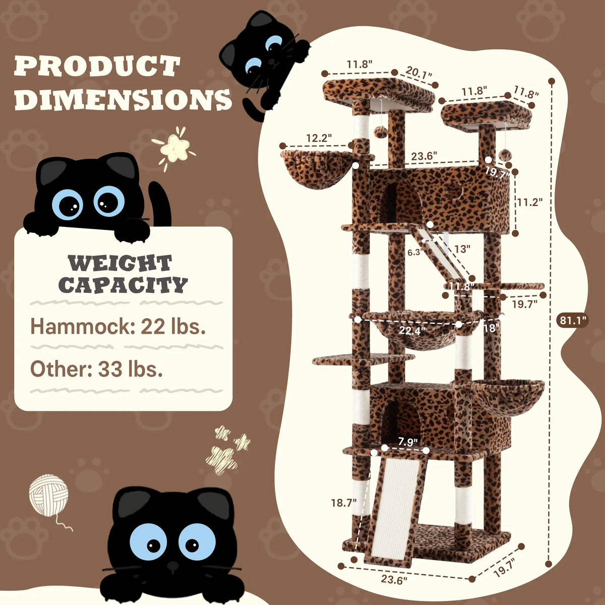 SHA CERLIN Multi-Level Tall Cat Tree Tower (81In/67In) - Spacious Cat Condo with Hammock, Sisal Scratching Posts, and Stable Base for Safe Play and Rest, Ideal Pet Furniture Gift Option