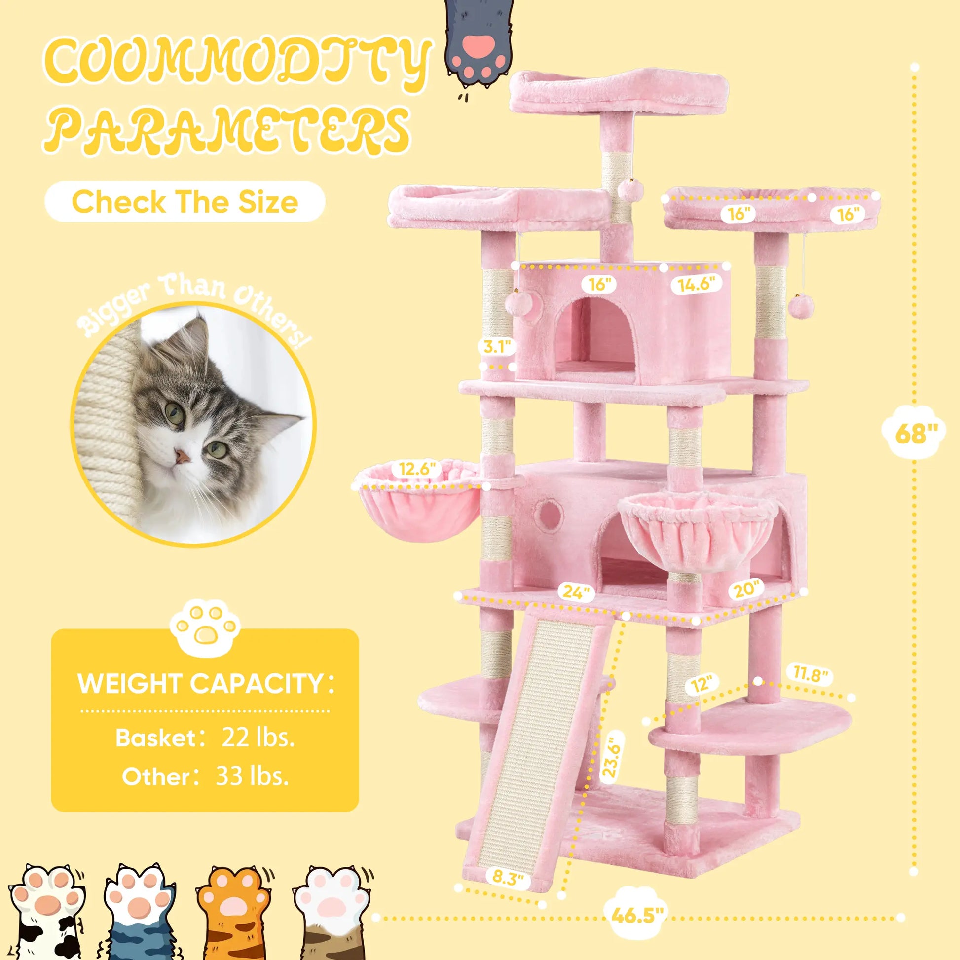 SHA CERLIN Multi-Level Tall Cat Tree Tower (81In/67In) - Spacious Cat Condo with Hammock, Sisal Scratching Posts, and Stable Base for Safe Play and Rest, Ideal Pet Furniture Gift Option