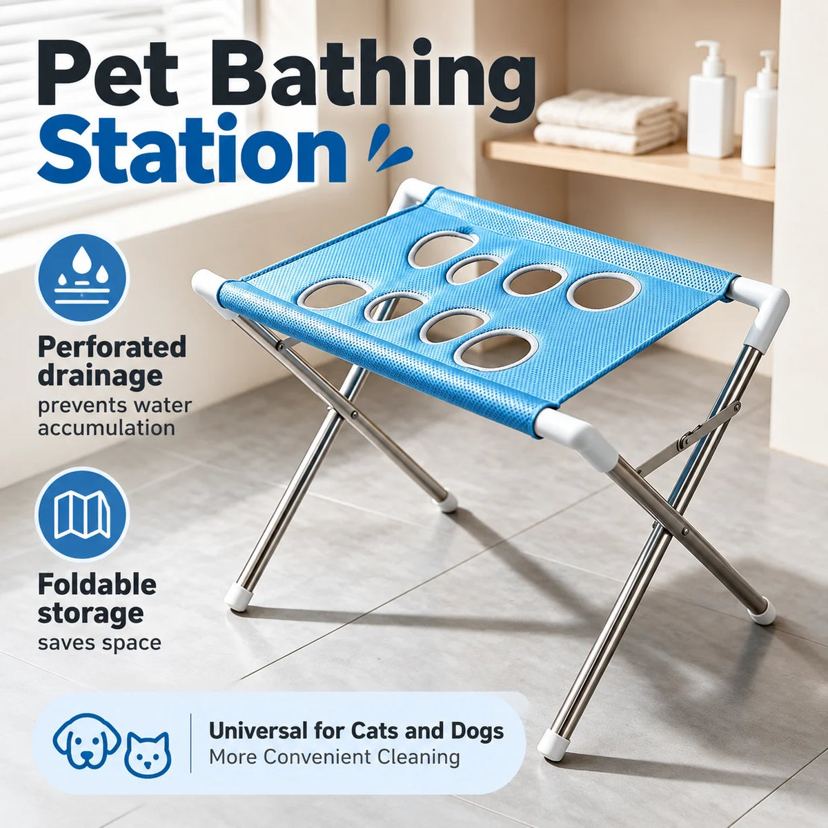 POKPAW Foldable Pet Grooming Table Portable Bathing Station Mesh Stand with Leg Holes for Small Dogs and Cats