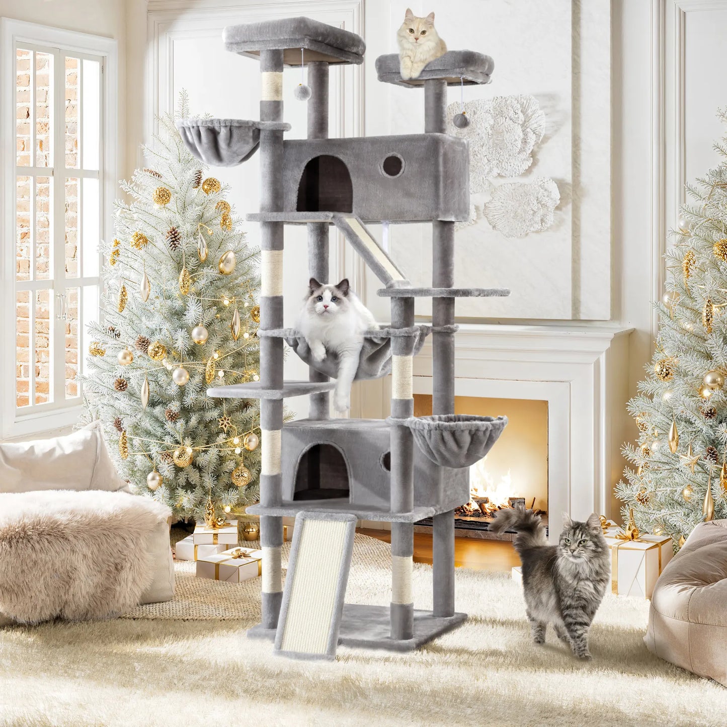 SHA CERLIN Multi-Level Tall Cat Tree Tower (81In/67In) - Spacious Cat Condo with Hammock, Sisal Scratching Posts, and Stable Base for Safe Play and Rest, Ideal Pet Furniture Gift Option