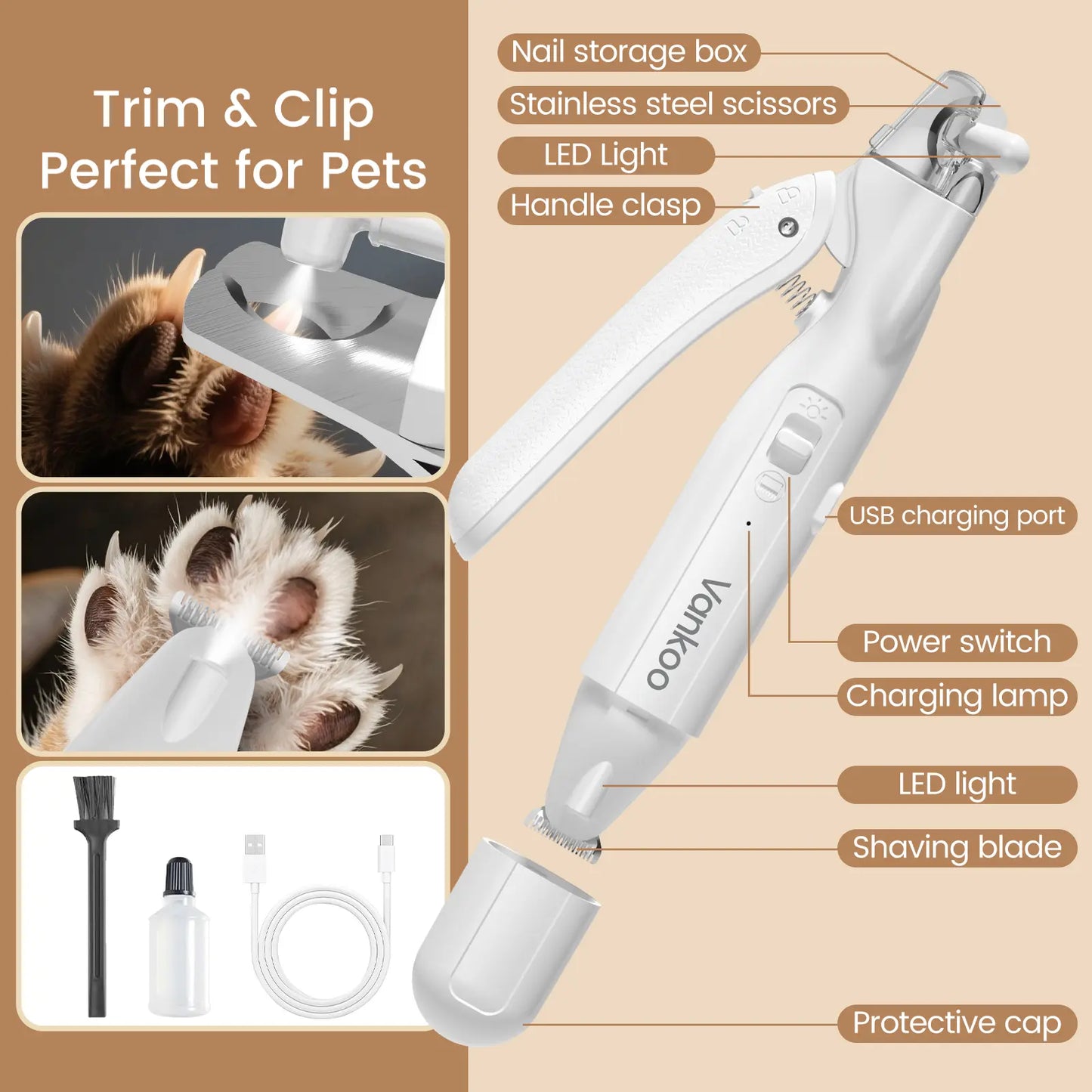 Vankoo 2-in-1 Rechargeable Dog Nail Clipper and Paw Hair Trimmer Kit with LED Light - Waterproof and Low Noise Grooming Solution for Small Dogs and Cats