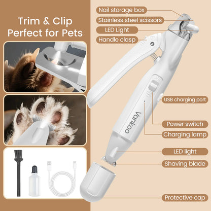 Vankoo 2-in-1 Rechargeable Dog Nail Clipper and Paw Hair Trimmer Kit with LED Light - Waterproof and Low Noise Grooming Solution for Small Dogs and Cats