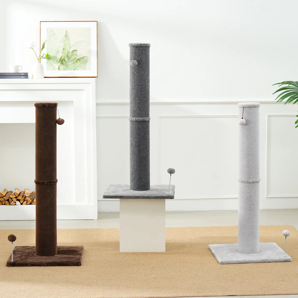 Made4Pets Freestanding Sisal Vertical Scratcher for Indoor Cats - 19.25" L x 19.25" W x 41.73" H, Sturdy Base, Interchangeable Spring Toy, Space-Efficient Design, Supports Nail Health, Protects Furniture from Scratching