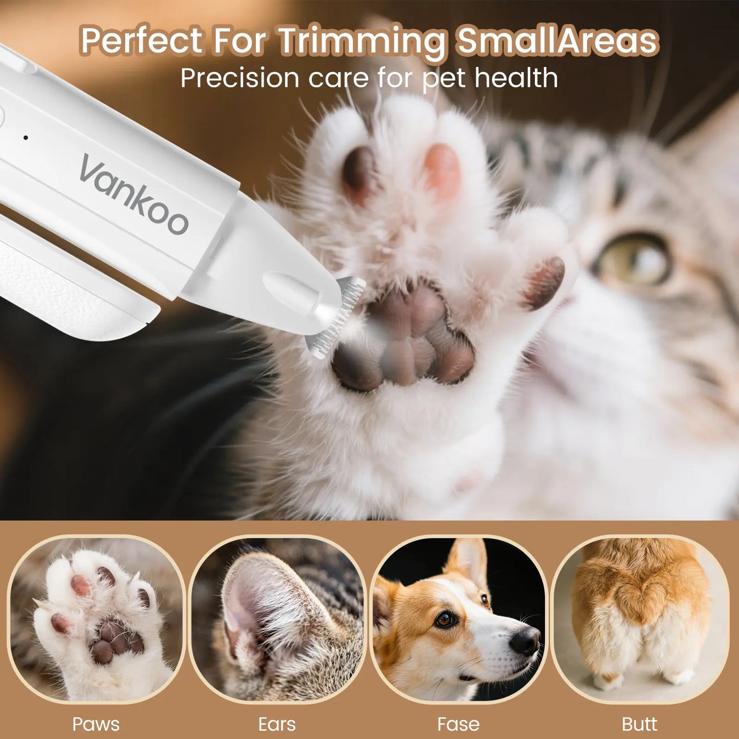 Vankoo 2-in-1 Rechargeable Dog Nail Clipper and Paw Hair Trimmer Kit with LED Light - Waterproof and Low Noise Grooming Solution for Small Dogs and Cats