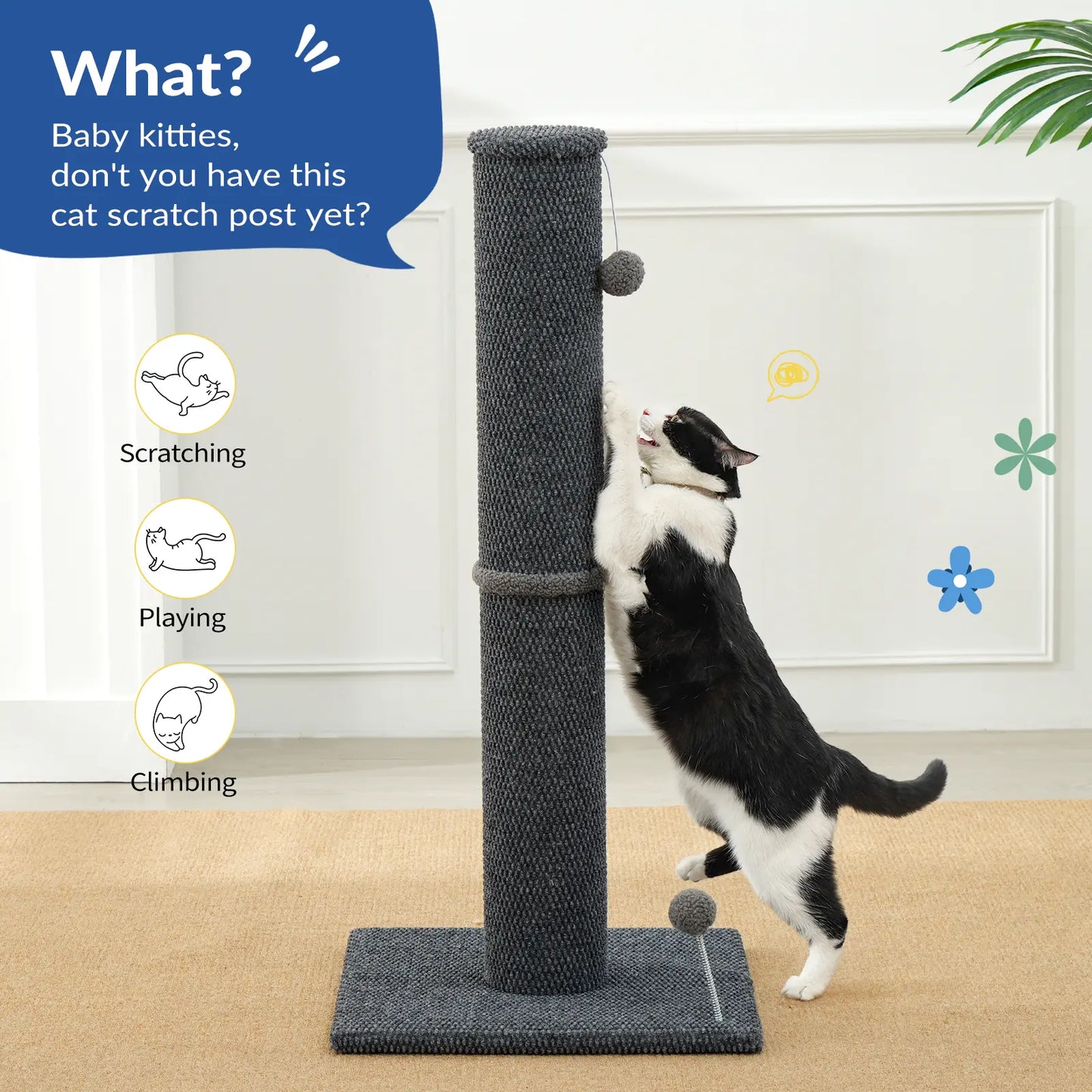 Made4Pets Freestanding Sisal Vertical Scratcher for Indoor Cats - 19.25" L x 19.25" W x 41.73" H, Sturdy Base, Interchangeable Spring Toy, Space-Efficient Design, Supports Nail Health, Protects Furniture from Scratching