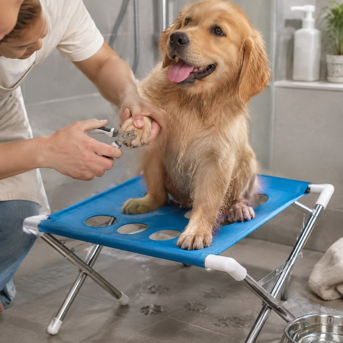 Portable Dog Grooming Table with Anti-Slip Stainless Steel Frame, Stable Pet Grooming Station for Home Use & Nail Trimming, Secure Bath Accessories with X-Shape Design for Dogs