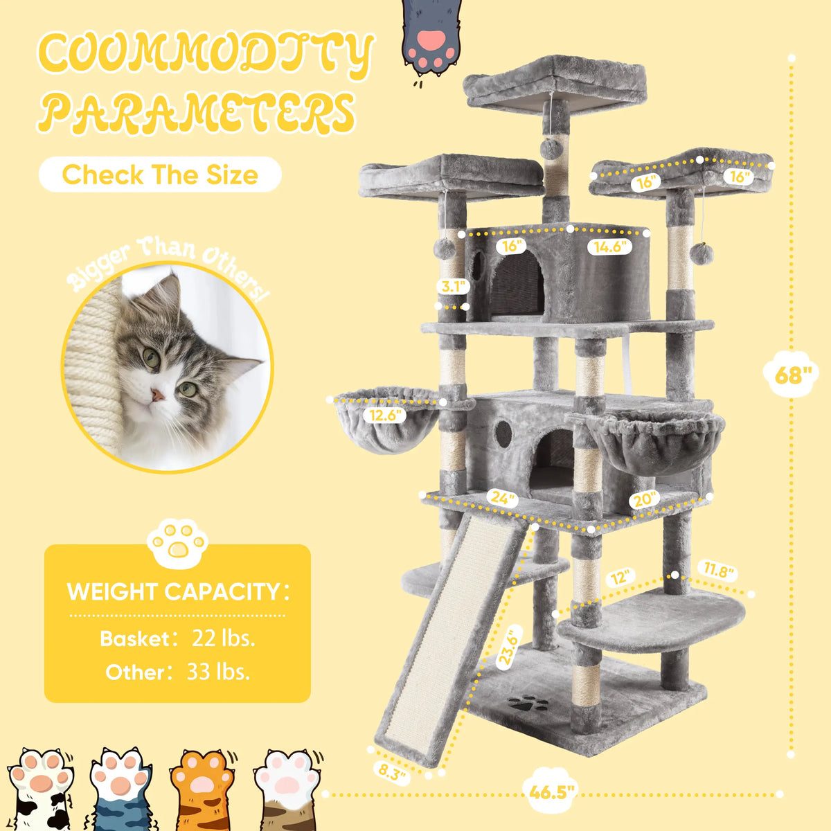 SHA CERLIN Multi-Level Tall Cat Tree Tower (81In/67In) - Spacious Cat Condo with Hammock, Sisal Scratching Posts, and Stable Base for Safe Play and Rest, Ideal Pet Furniture Gift Option