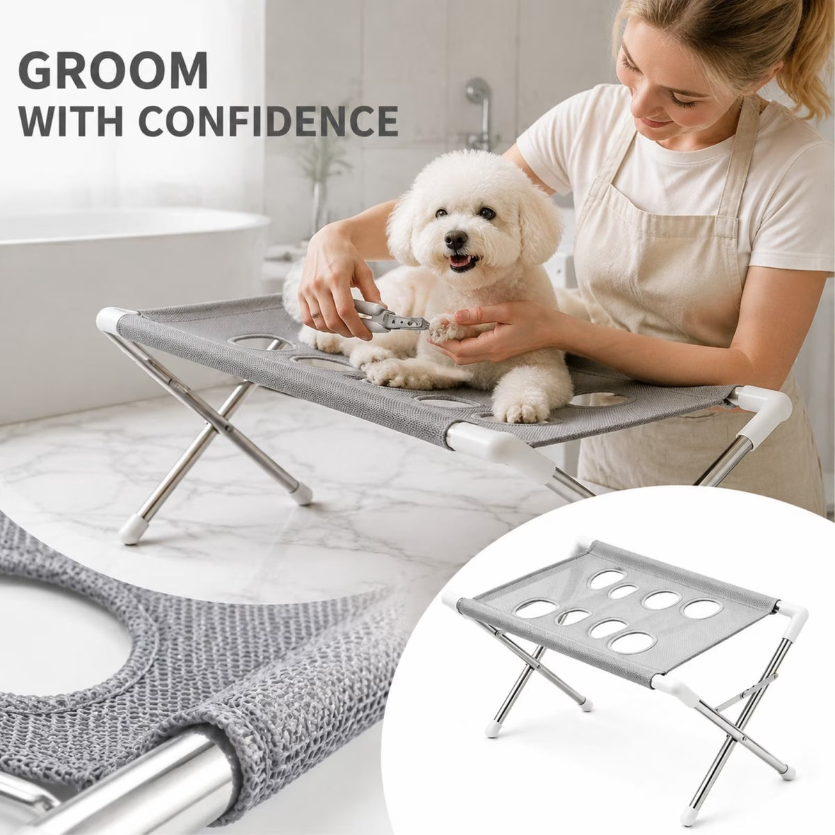 Portable Dog Grooming Table with Anti-Slip Stainless Steel Frame, Stable Pet Grooming Station for Home Use & Nail Trimming, Secure Bath Accessories with X-Shape Design for Dogs