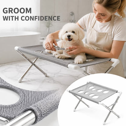 Portable Dog Grooming Table with Anti-Slip Stainless Steel Frame, Stable Pet Grooming Station for Home Use & Nail Trimming, Secure Bath Accessories with X-Shape Design for Dogs
