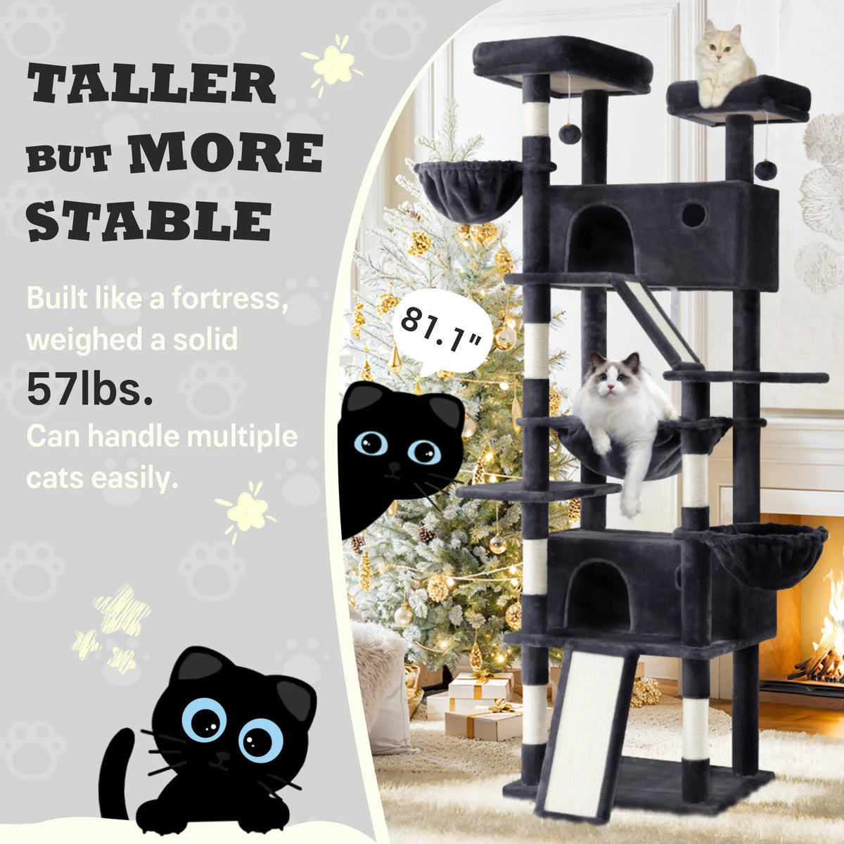 SHA CERLIN Multi-Level Tall Cat Tree Tower (81In/67In) - Spacious Cat Condo with Hammock, Sisal Scratching Posts, and Stable Base for Safe Play and Rest, Ideal Pet Furniture Gift Option