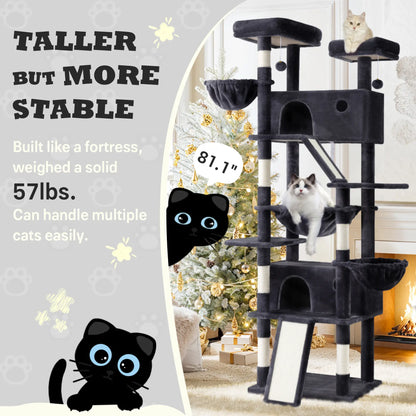 SHA CERLIN Multi-Level Tall Cat Tree Tower (81In/67In) - Spacious Cat Condo with Hammock, Sisal Scratching Posts, and Stable Base for Safe Play and Rest, Ideal Pet Furniture Gift Option