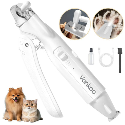 Vankoo 2-in-1 Rechargeable Dog Nail Clipper and Paw Hair Trimmer Kit with LED Light - Waterproof and Low Noise Grooming Solution for Small Dogs and Cats