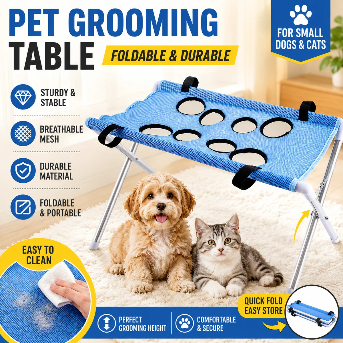 POKPAW Foldable Pet Grooming Table Portable Bathing Station Mesh Stand with Leg Holes for Small Dogs and Cats