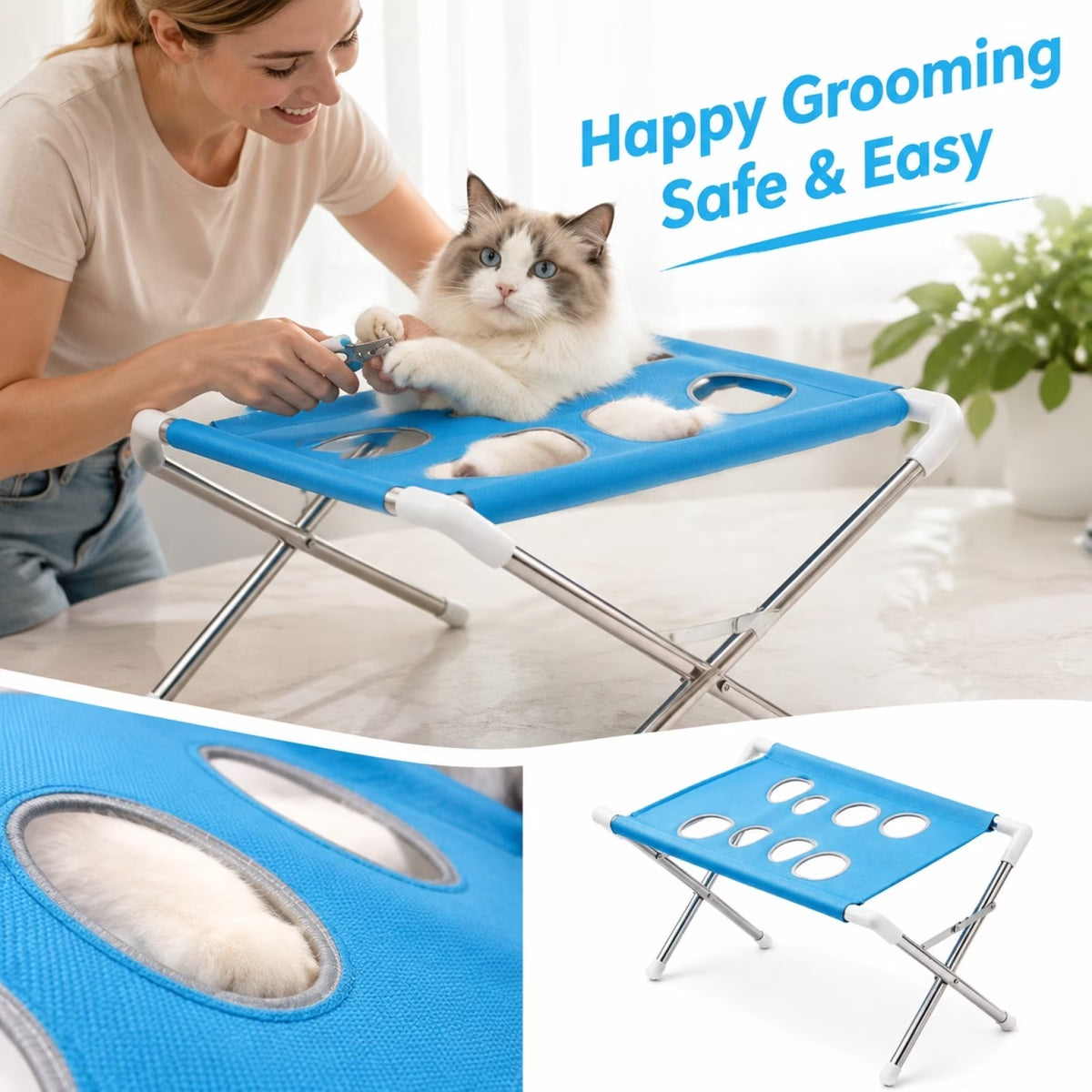 Portable Dog Grooming Table with Anti-Slip Stainless Steel Frame, Stable Pet Grooming Station for Home Use & Nail Trimming, Secure Bath Accessories with X-Shape Design for Dogs