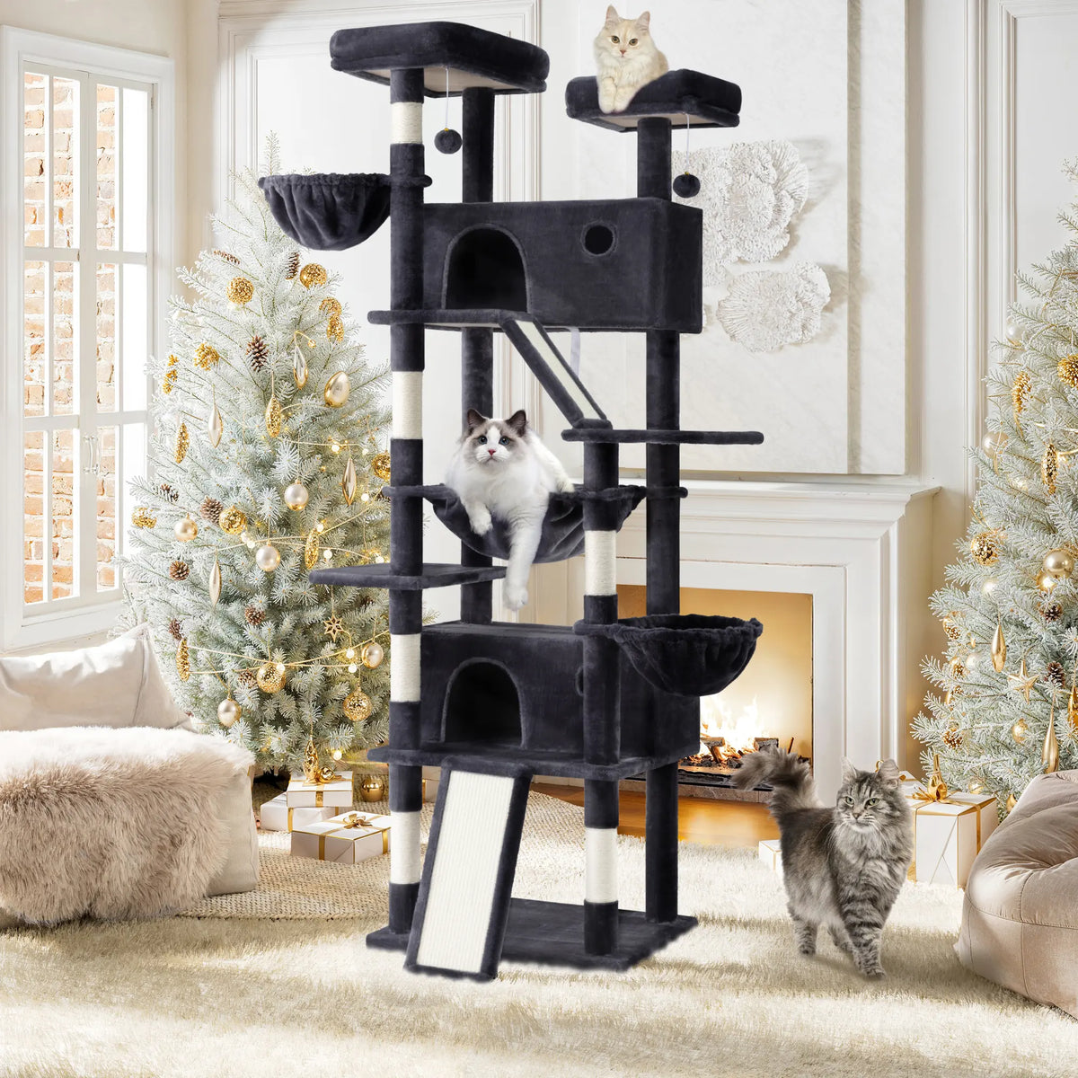SHA CERLIN Multi-Level Tall Cat Tree Tower (81In/67In) - Spacious Cat Condo with Hammock, Sisal Scratching Posts, and Stable Base for Safe Play and Rest, Ideal Pet Furniture Gift Option