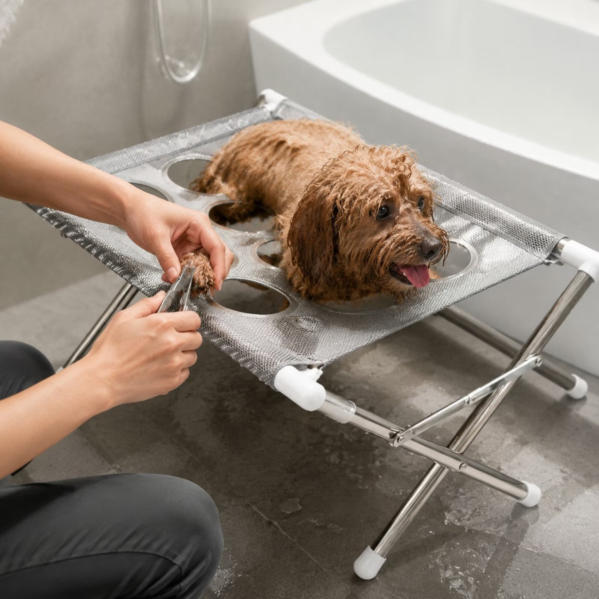 Portable Dog Grooming Table with Anti-Slip Stainless Steel Frame, Stable Pet Grooming Station for Home Use & Nail Trimming, Secure Bath Accessories with X-Shape Design for Dogs