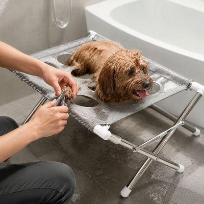 Portable Dog Grooming Table with Anti-Slip Stainless Steel Frame, Stable Pet Grooming Station for Home Use & Nail Trimming, Secure Bath Accessories with X-Shape Design for Dogs
