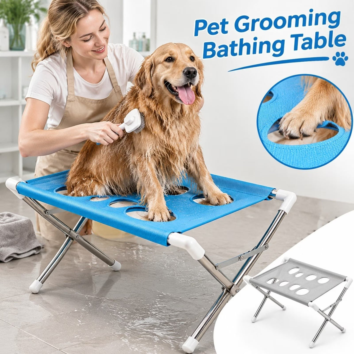Portable Dog Grooming Table with Anti-Slip Stainless Steel Frame, Stable Pet Grooming Station for Home Use & Nail Trimming, Secure Bath Accessories with X-Shape Design for Dogs