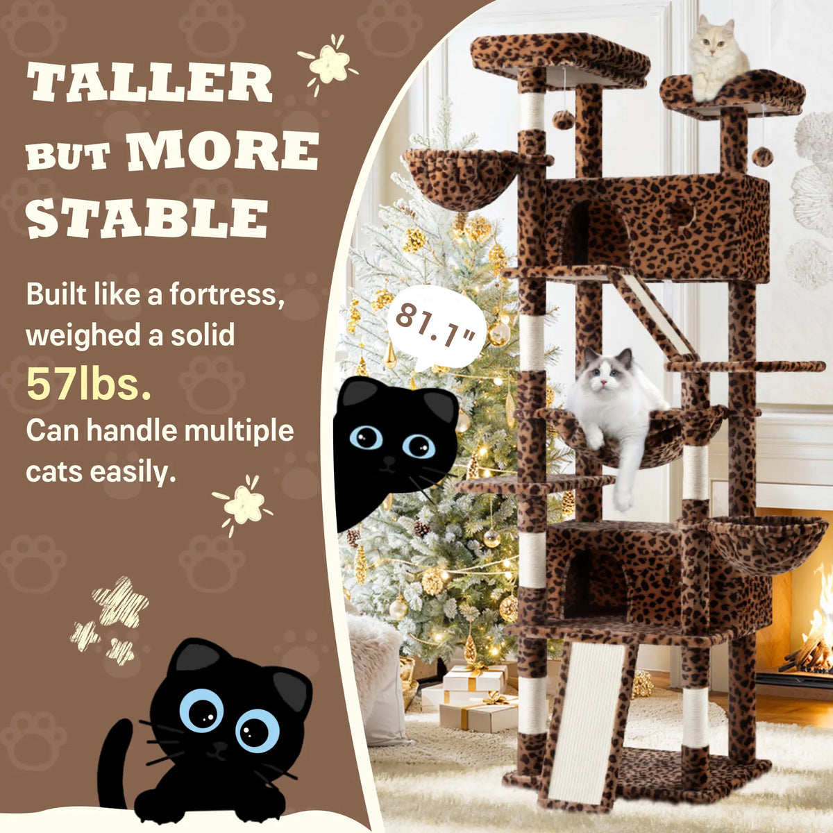 SHA CERLIN Multi-Level Tall Cat Tree Tower (81In/67In) - Spacious Cat Condo with Hammock, Sisal Scratching Posts, and Stable Base for Safe Play and Rest, Ideal Pet Furniture Gift Option