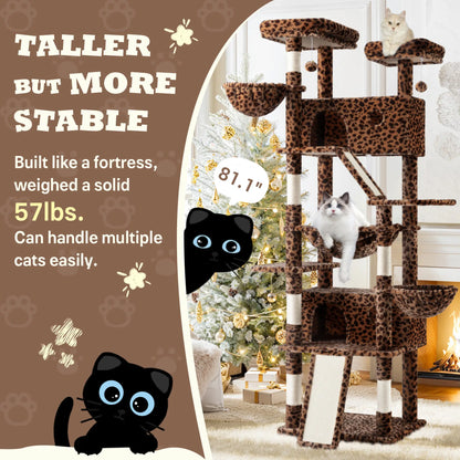 SHA CERLIN Multi-Level Tall Cat Tree Tower (81In/67In) - Spacious Cat Condo with Hammock, Sisal Scratching Posts, and Stable Base for Safe Play and Rest, Ideal Pet Furniture Gift Option