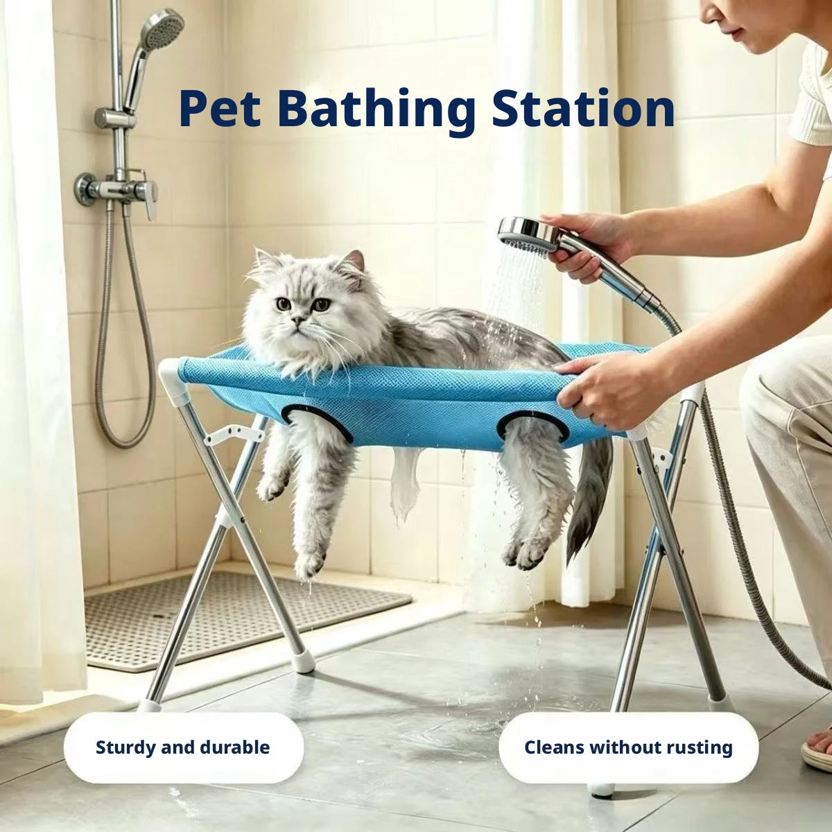 POKPAW Foldable Pet Grooming Table Portable Bathing Station Mesh Stand with Leg Holes for Small Dogs and Cats