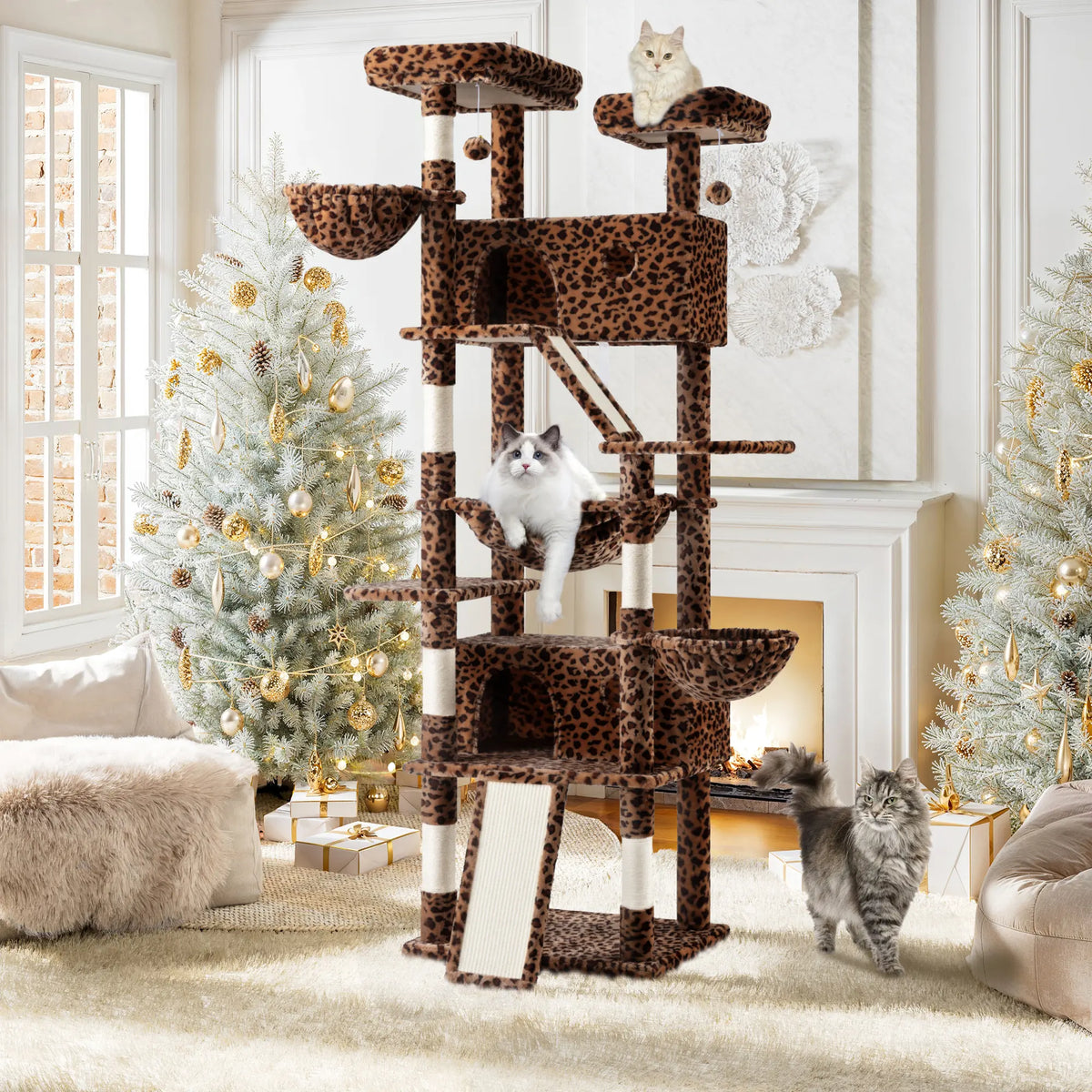 SHA CERLIN Multi-Level Tall Cat Tree Tower (81In/67In) - Spacious Cat Condo with Hammock, Sisal Scratching Posts, and Stable Base for Safe Play and Rest, Ideal Pet Furniture Gift Option
