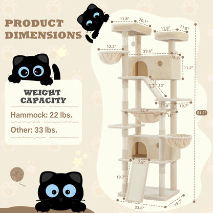 SHA CERLIN Multi-Level Tall Cat Tree Tower (81In/67In) - Spacious Cat Condo with Hammock, Sisal Scratching Posts, and Stable Base for Safe Play and Rest, Ideal Pet Furniture Gift Option