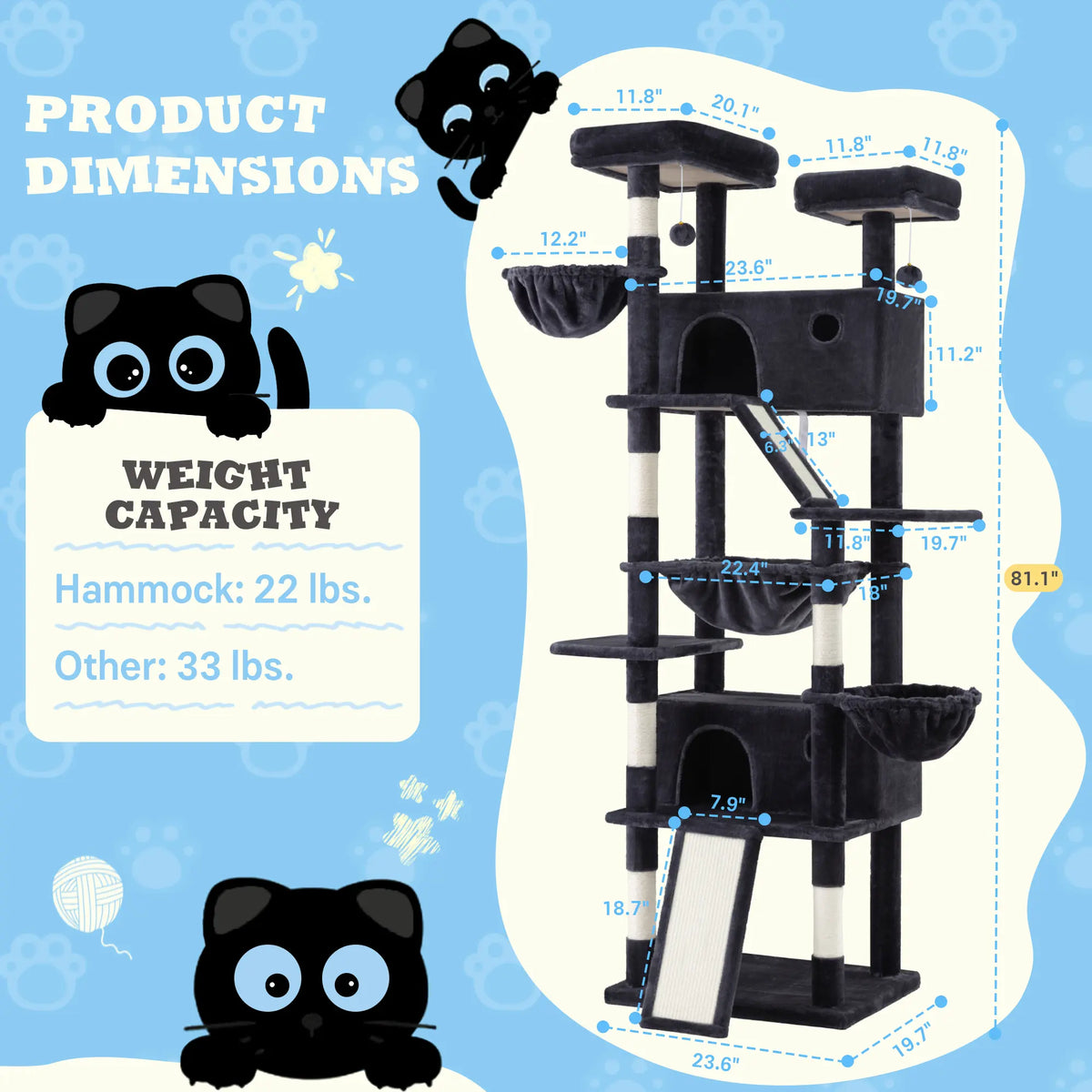SHA CERLIN Multi-Level Tall Cat Tree Tower (81In/67In) - Spacious Cat Condo with Hammock, Sisal Scratching Posts, and Stable Base for Safe Play and Rest, Ideal Pet Furniture Gift Option