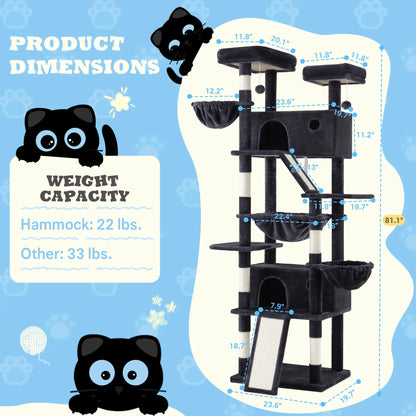SHA CERLIN Multi-Level Tall Cat Tree Tower (81In/67In) - Spacious Cat Condo with Hammock, Sisal Scratching Posts, and Stable Base for Safe Play and Rest, Ideal Pet Furniture Gift Option