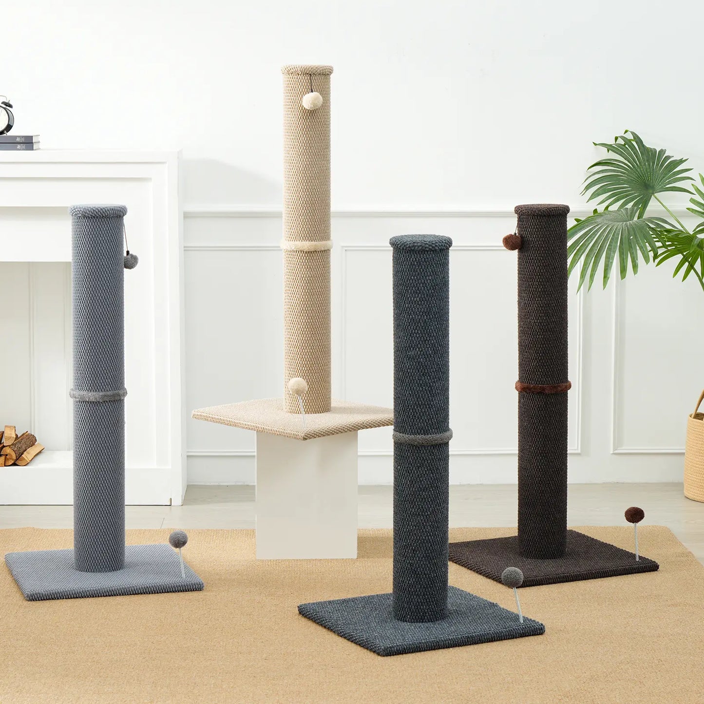 Made4Pets Freestanding Sisal Vertical Scratcher for Indoor Cats - 19.25" L x 19.25" W x 41.73" H, Sturdy Base, Interchangeable Spring Toy, Space-Efficient Design, Supports Nail Health, Protects Furniture from Scratching