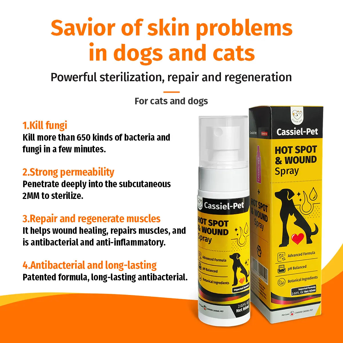 Cassiel Pet Hot Spot and Wound Relief Spray for Dogs and Cats - Natural Formula for Soothing Skin, Alleviating Itching and Scratching, Improved Packaging