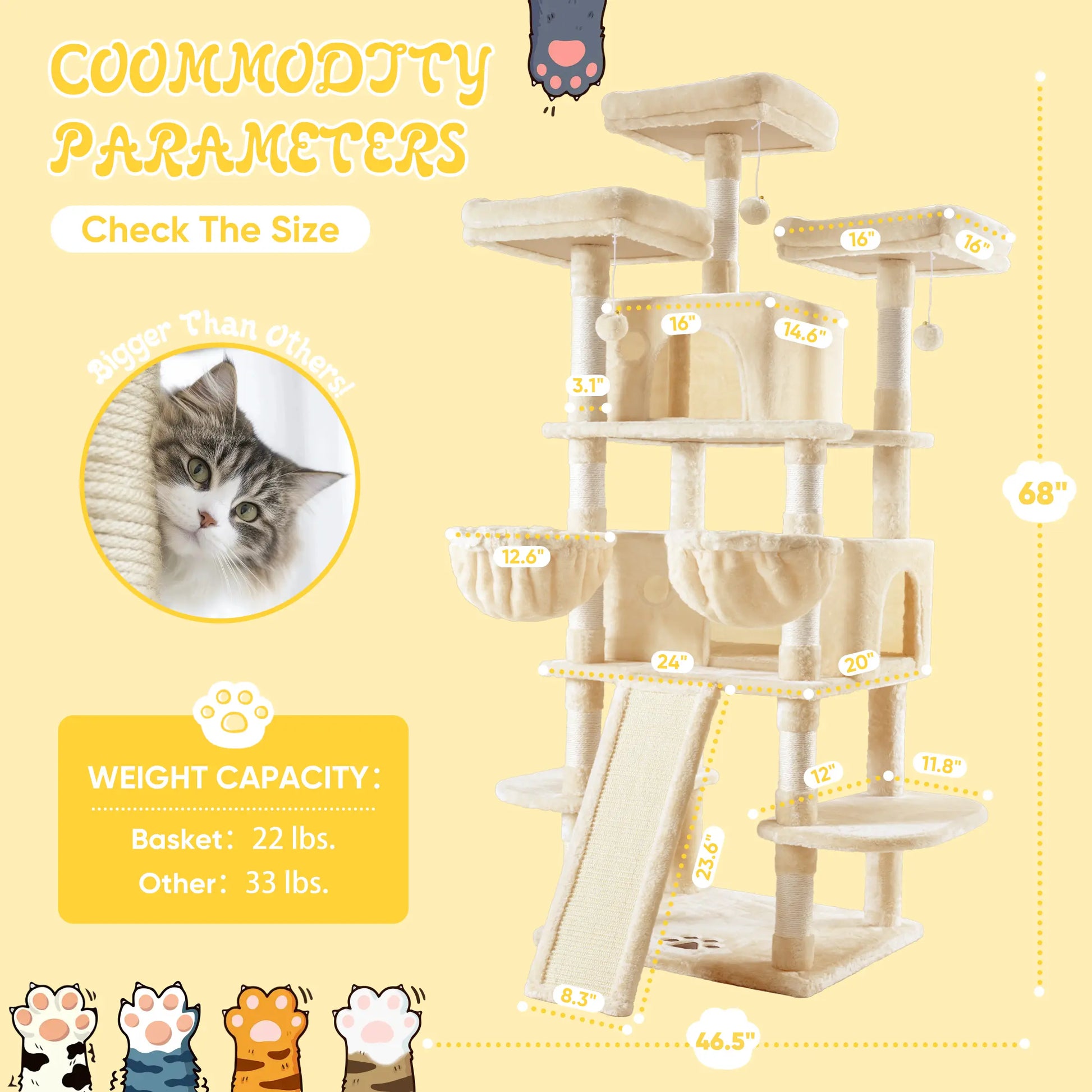 SHA CERLIN Multi-Level Tall Cat Tree Tower (81In/67In) - Spacious Cat Condo with Hammock, Sisal Scratching Posts, and Stable Base for Safe Play and Rest, Ideal Pet Furniture Gift Option