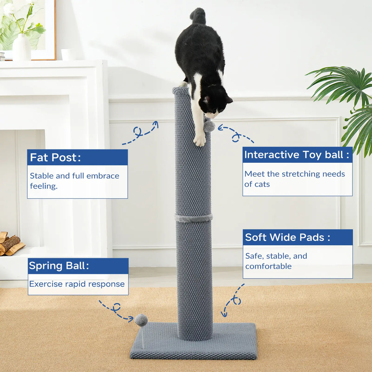 Made4Pets Freestanding Sisal Vertical Scratcher for Indoor Cats - 19.25" L x 19.25" W x 41.73" H, Sturdy Base, Interchangeable Spring Toy, Space-Efficient Design, Supports Nail Health, Protects Furniture from Scratching