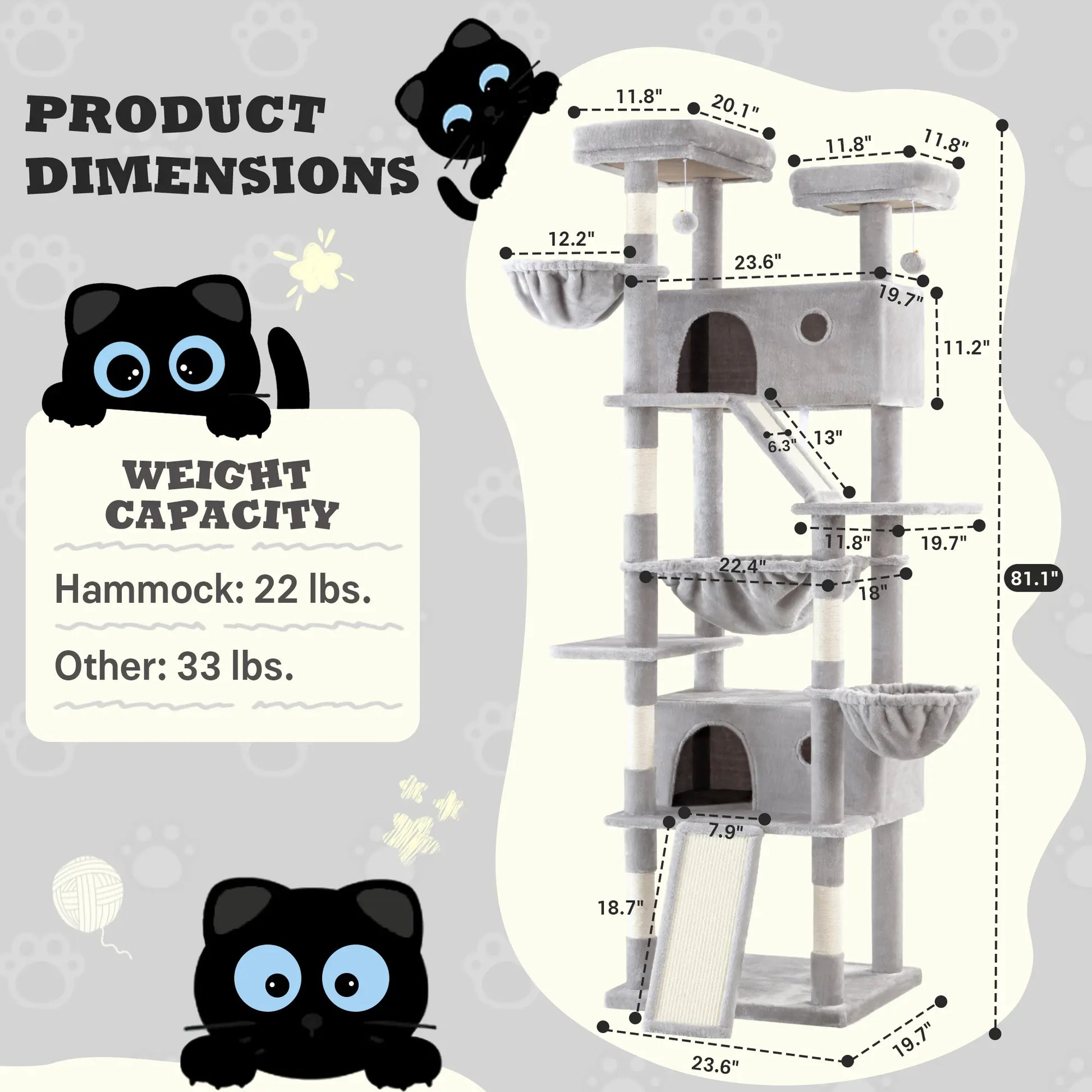 SHA CERLIN Multi-Level Tall Cat Tree Tower (81In/67In) - Spacious Cat Condo with Hammock, Sisal Scratching Posts, and Stable Base for Safe Play and Rest, Ideal Pet Furniture Gift Option