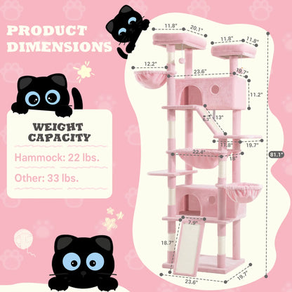 SHA CERLIN Multi-Level Tall Cat Tree Tower (81In/67In) - Spacious Cat Condo with Hammock, Sisal Scratching Posts, and Stable Base for Safe Play and Rest, Ideal Pet Furniture Gift Option