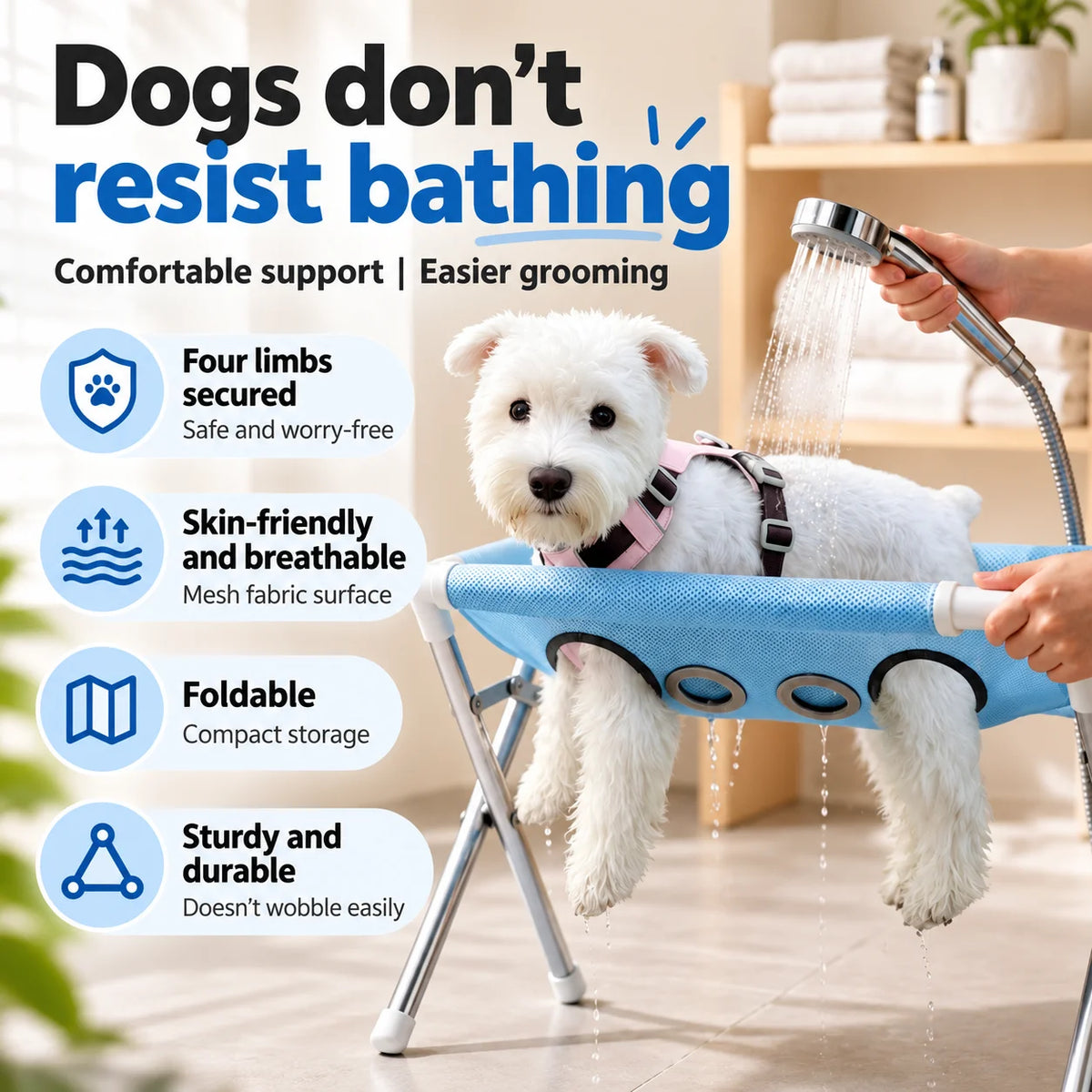 POKPAW Foldable Pet Grooming Table Portable Bathing Station Mesh Stand with Leg Holes for Small Dogs and Cats